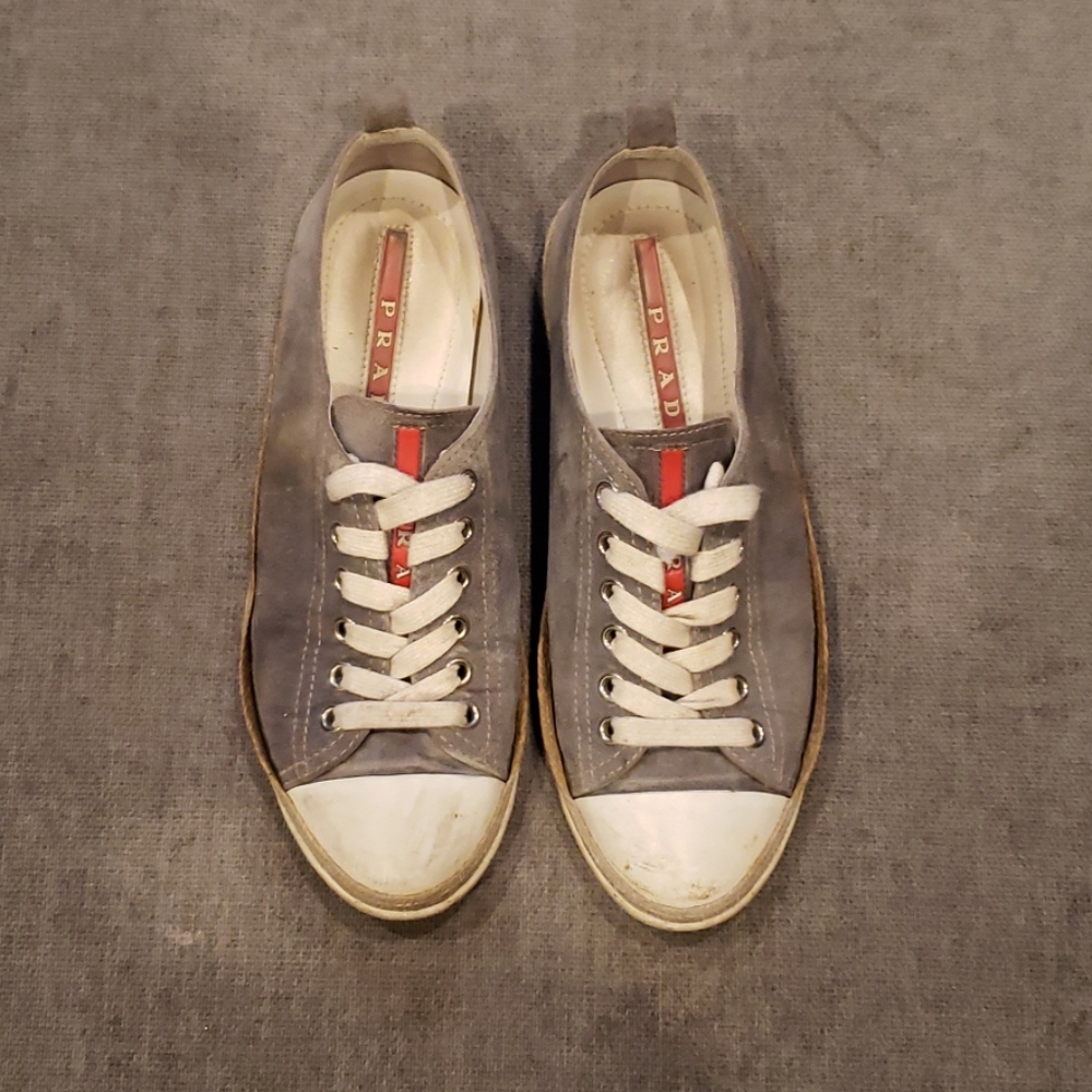 Prada Cap Toe Suede Sneakers Espadrille Detail